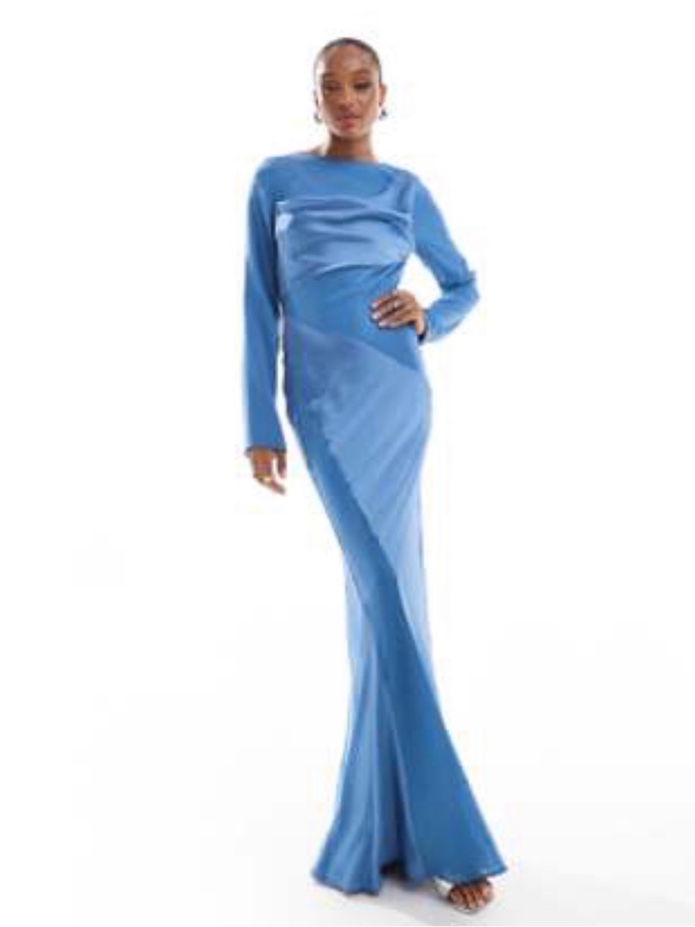 ASOS Design cowl neck chiffon satin mix long-sleeve blue evening gown